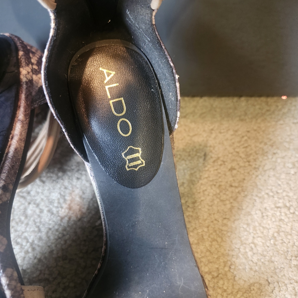 Aldo Beige Fringe Snake-Print Block Heel Sandals - Picture 4 of 5